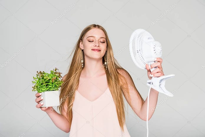 beautiful young woman with Electric Fan and flowerpot suffering from heat isolated on grey